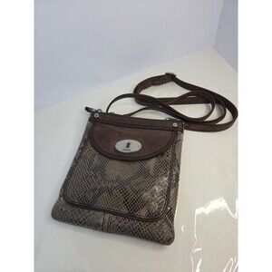Fossil Snakeskin Embossed Leather Crossbody Adjustable Purse Brown Trim 7 X 8